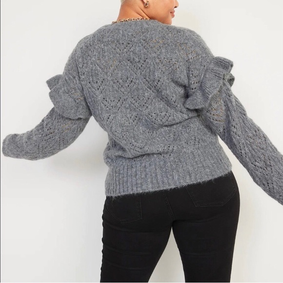 Old Navy Gray Pointelle-Knit Ruffle Sleeve Sweater - Size Medium - Picture 9 of 9